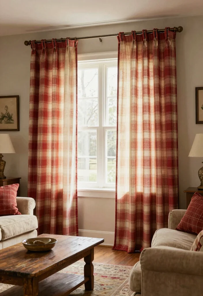 14 Double Rod Curtains Ideas for Layered Elegance 52 14 Double Rod Curtains Ideas for Layered Elegance - 12. Farmhouse Chic with Plaid Patterns 1