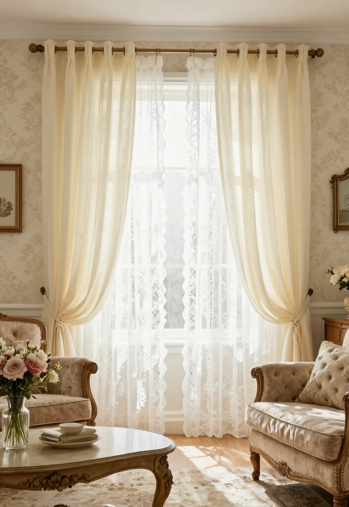 14 Double Rod Curtains Ideas for Layered Elegance 28 14 Double Rod Curtains Ideas for Layered Elegance - 8. Vintage Elegance with Lace Layers 1