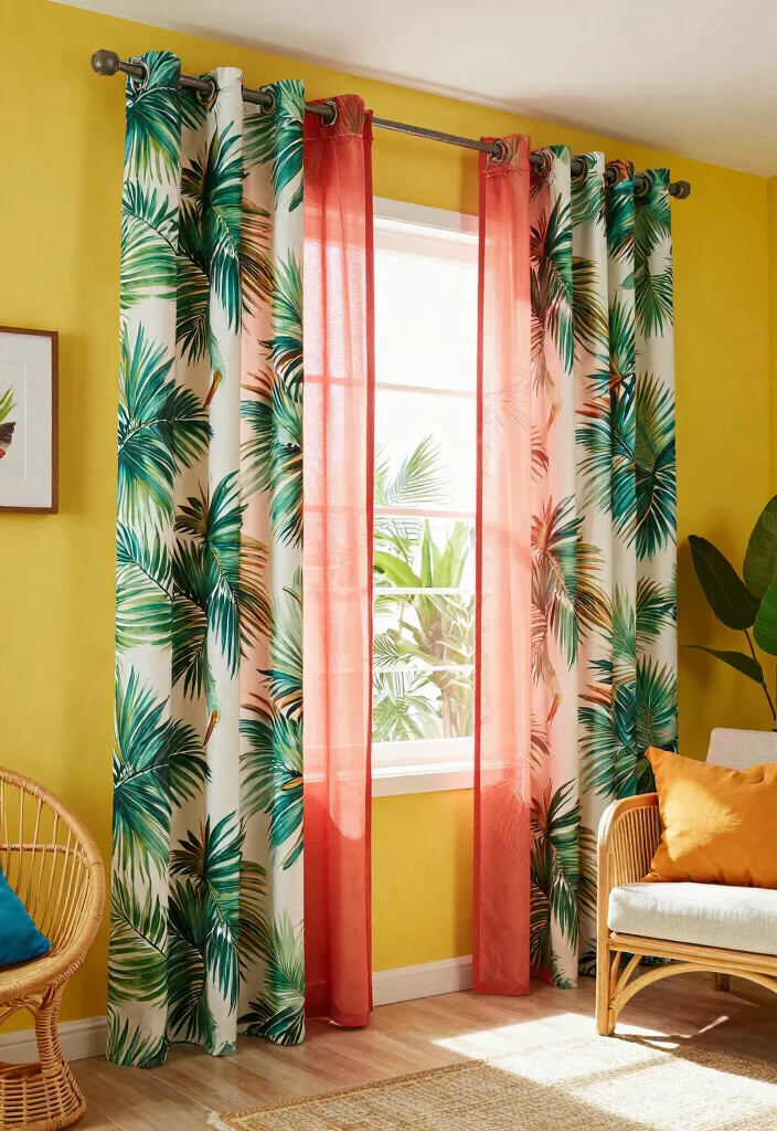 14 Double Rod Curtains Ideas for Layered Elegance 29 14 Double Rod Curtains Ideas for Layered Elegance - 9. Tropical Escape with Bold Prints 1