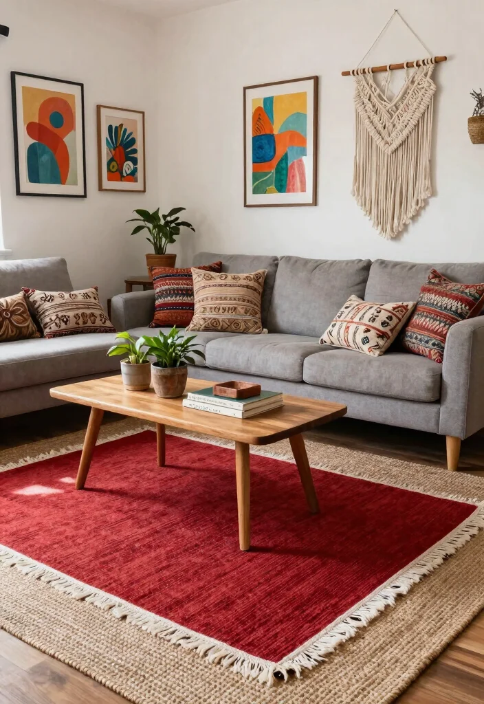 14 Living Room Red Rug Ideas That Pop Beautifully - 1. Bohemian Vibes with Fringe 1