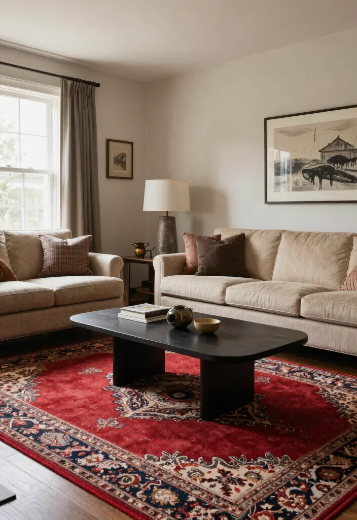 14 Living Room Red Rug Ideas That Pop Beautifully - 10. Transitional Style 1