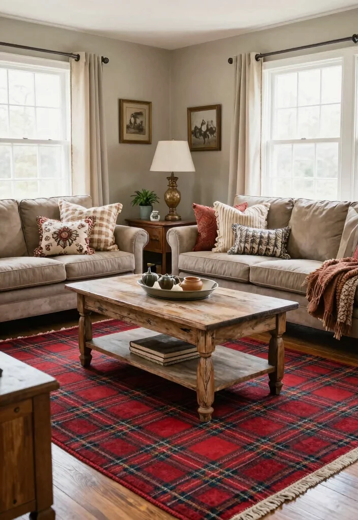 14 Living Room Red Rug Ideas That Pop Beautifully - 11. Farmhouse Style 1