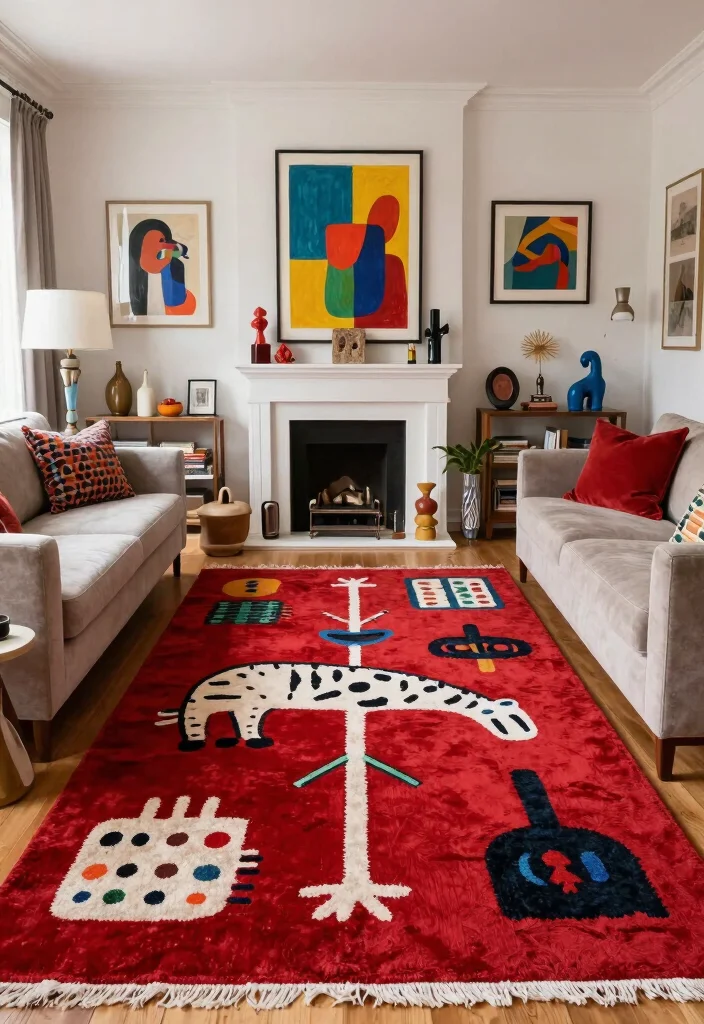 14 Living Room Red Rug Ideas That Pop Beautifully - 12. Artistic Expression 1