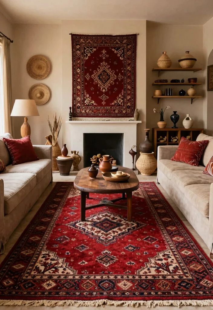 14 Living Room Red Rug Ideas That Pop Beautifully - 14. Global Inspiration 1