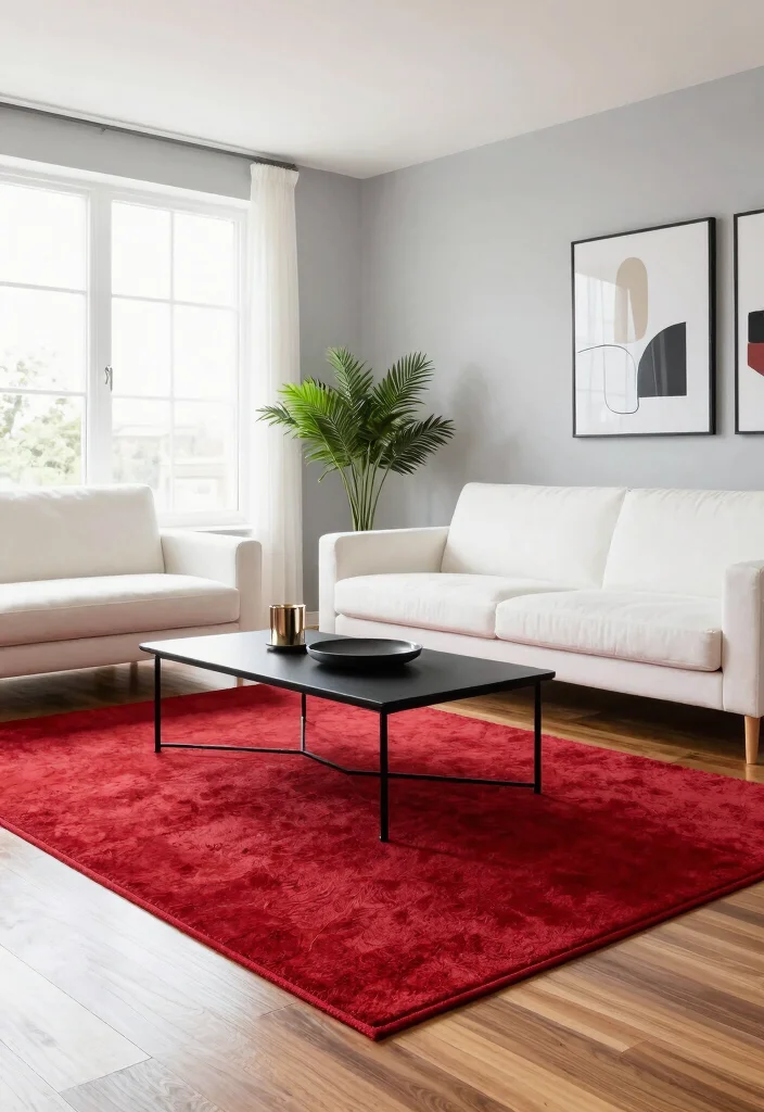 14 Living Room Red Rug Ideas That Pop Beautifully - 2. Modern Minimalism 1