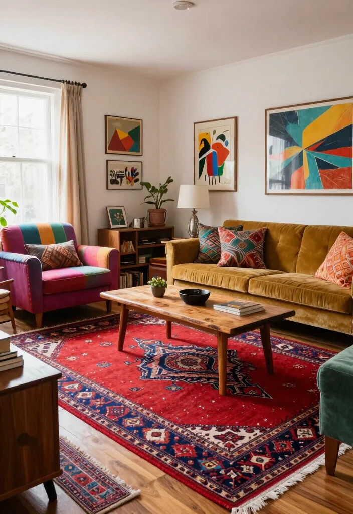 14 Living Room Red Rug Ideas That Pop Beautifully - 3. Eclectic Layering 1
