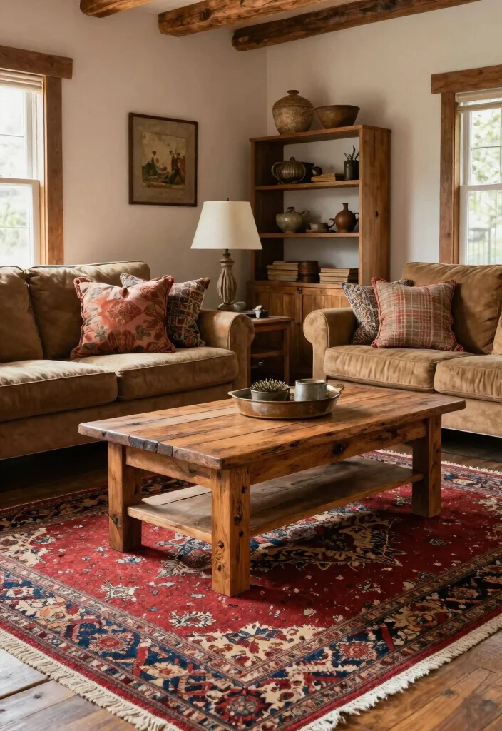 14 Living Room Red Rug Ideas That Pop Beautifully - 6. Rustic Charm 1