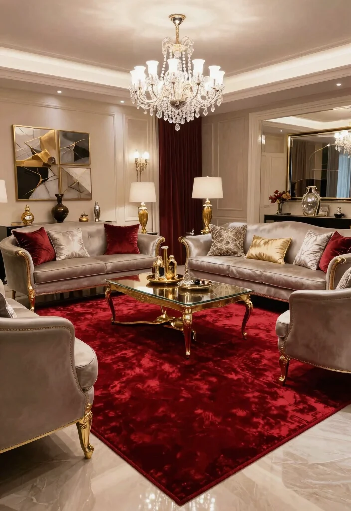14 Living Room Red Rug Ideas That Pop Beautifully - 7. Chic and Glamorous 1
