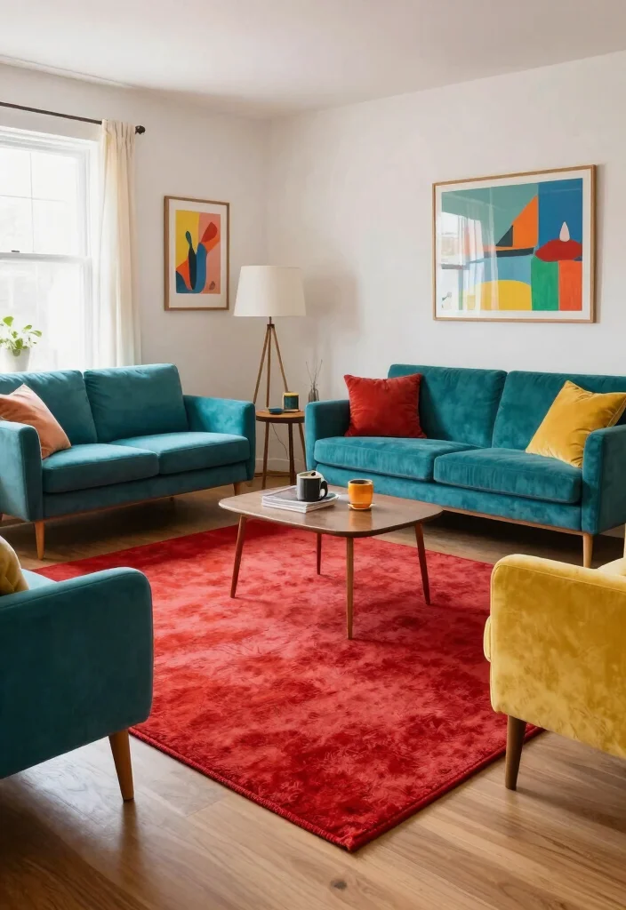 14 Living Room Red Rug Ideas That Pop Beautifully - 8. Bright and Colorful 1