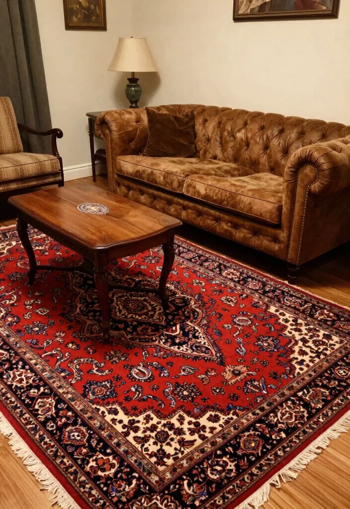 14 Living Room Red Rug Ideas That Pop Beautifully - 9. Vintage Flair 1