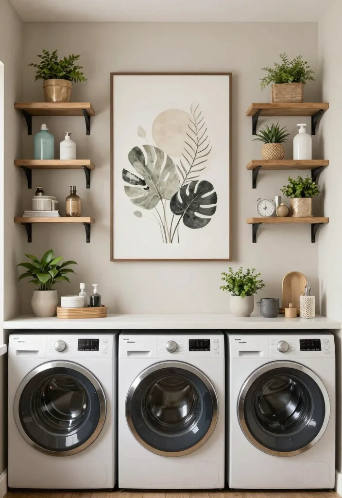 14 Shelf Above Washer and Dryer Ideas That Maximize Space - 13. Decorative Wall Art with Shelving 1