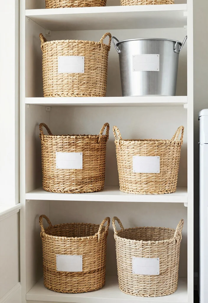 14 Shelf Above Washer and Dryer Ideas That Maximize Space - 3. Stylish Baskets on Shelves 1
