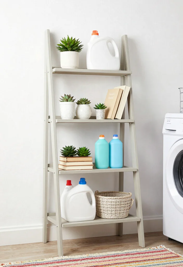 14 Shelf Above Washer and Dryer Ideas That Maximize Space - 5. Decorative Ladder Shelf 1