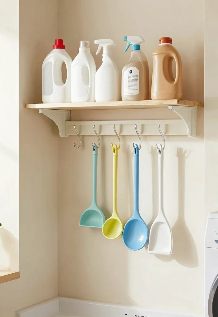 14 Shelf Above Washer and Dryer Ideas That Maximize Space - 6. Open Shelving with Hooks 1