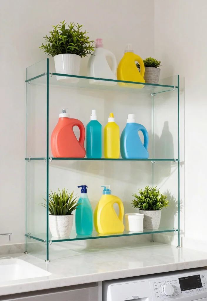 14 Shelf Above Washer and Dryer Ideas That Maximize Space - 7. Chic Glass Shelving 1