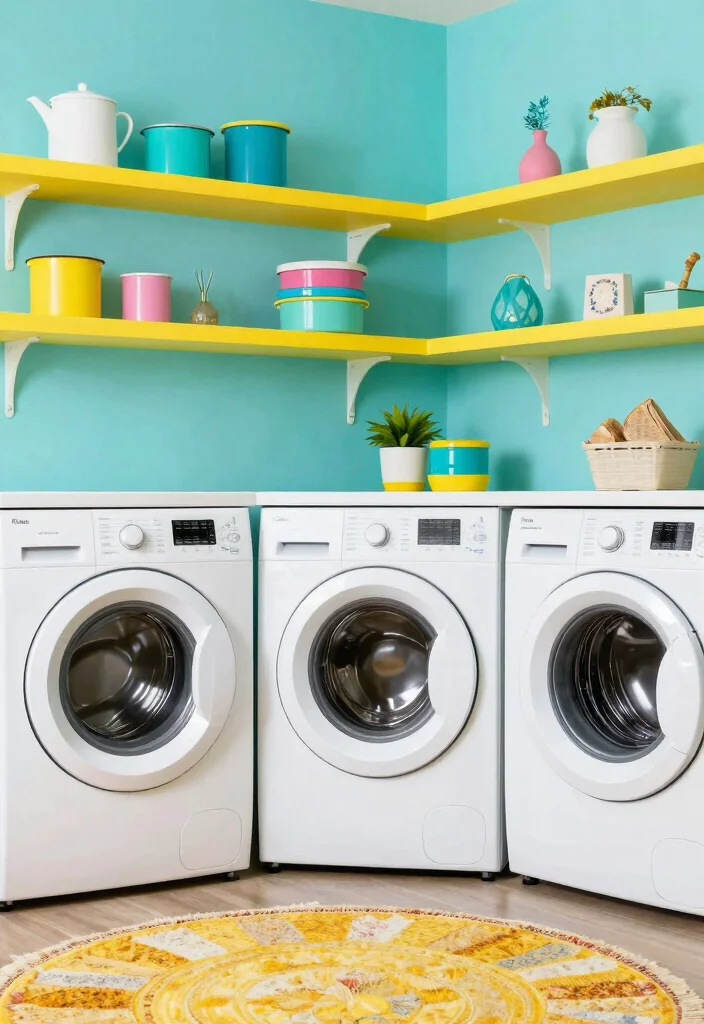 14 Shelf Above Washer and Dryer Ideas That Maximize Space - 8. Colorful Painted Shelves 1