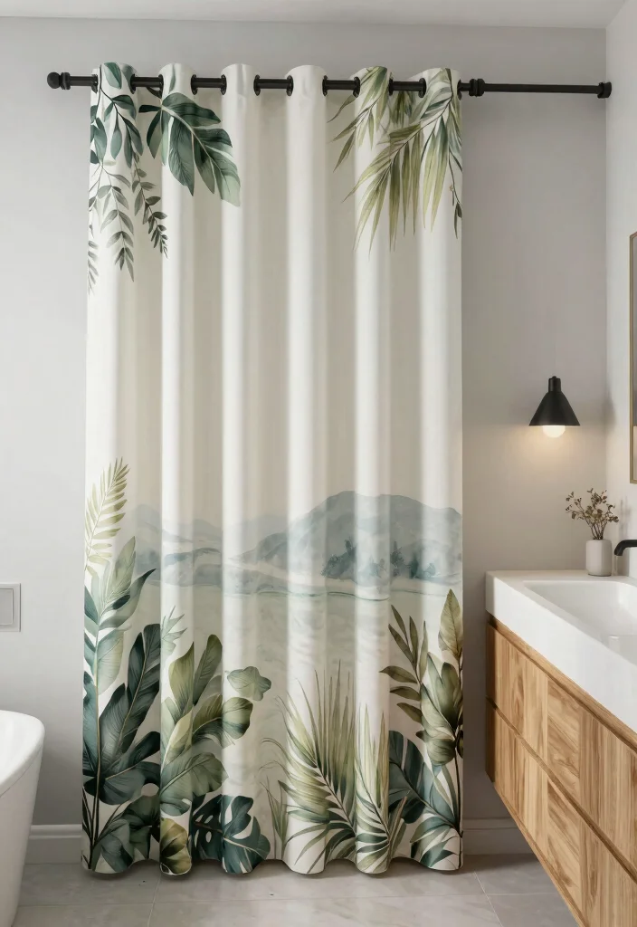 15 Curtains in Bathroom Ideas That Feel Stylish & Fresh - 10. Nature-Inspired Prints 1