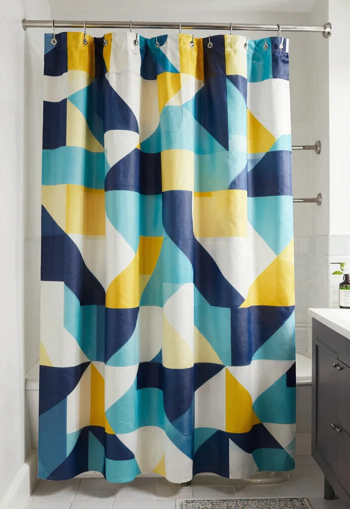 15 Curtains in Bathroom Ideas That Feel Stylish & Fresh - 11. Bold Geometric Patterns 1