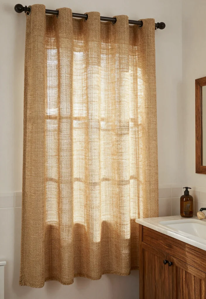 15 Curtains in Bathroom Ideas That Feel Stylish & Fresh - 12. Rustic Charm with Burlap Curtains 1