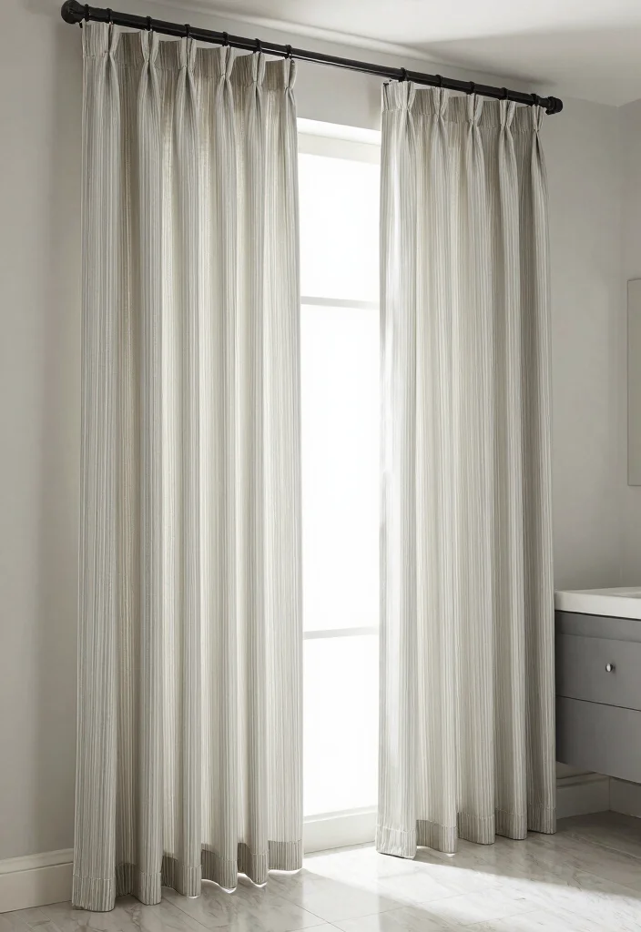 15 Curtains in Bathroom Ideas That Feel Stylish & Fresh - 13. Vertical Stripes for Height and Elegance 1