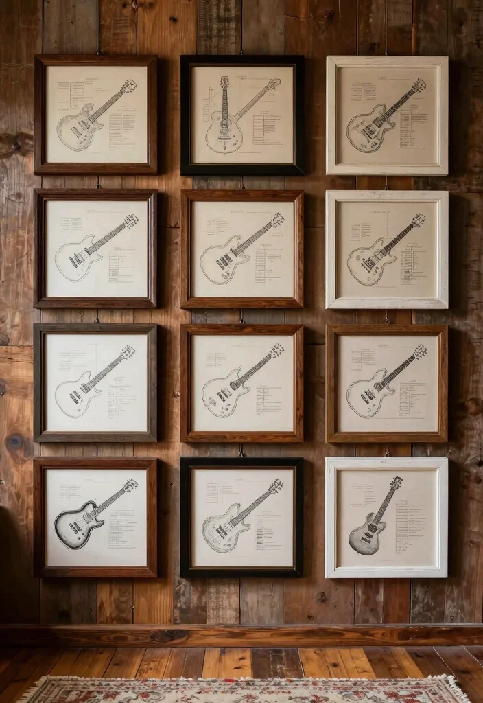 15 Guitar Wall Art Ideas for Music Lovers - 1. Framed Vintage Guitar Blueprints 1