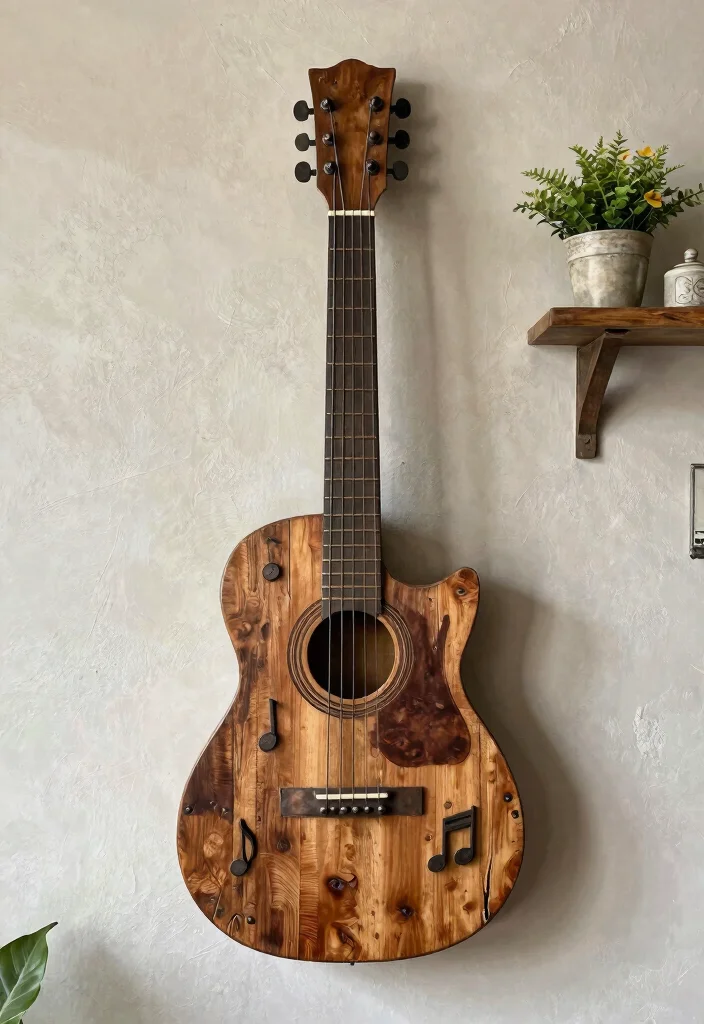 15 Guitar Wall Art Ideas for Music Lovers - 12. Rustic Wood and Metal Art 1