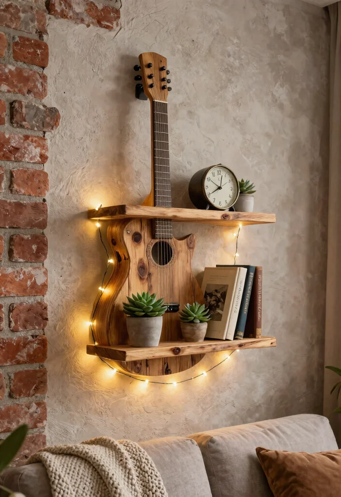 15 Guitar Wall Art Ideas for Music Lovers - 3. Rustic Guitar Shelves 1