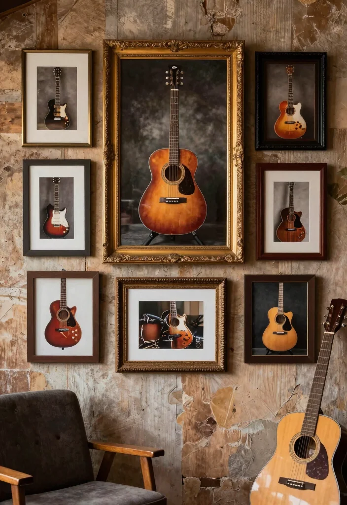 15 Guitar Wall Art Ideas for Music Lovers - 7. Layered Framed Guitar Art 1