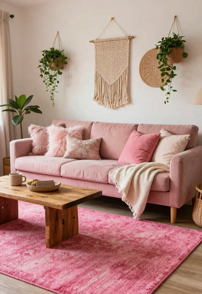 15 Hot Pink Rug Ideas That Make a Bold Statement - 7. Soft Boho Chic 1