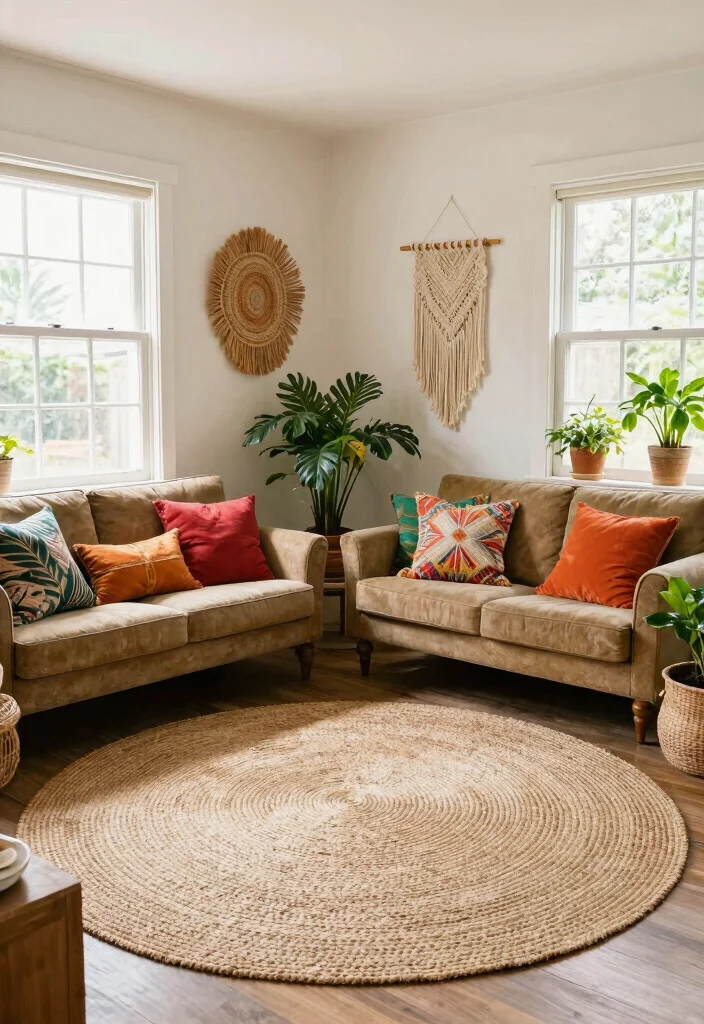 15 Jute Round Rug Ideas That Warm Up Any Space - 2. Bohemian Vibes in the Living Room 1