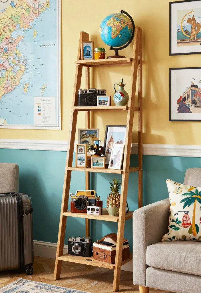 15 Ladder Shelf Decor Living Room Ideas That Feel Effortlessly Styled - 10. Travel Keepsakes 1