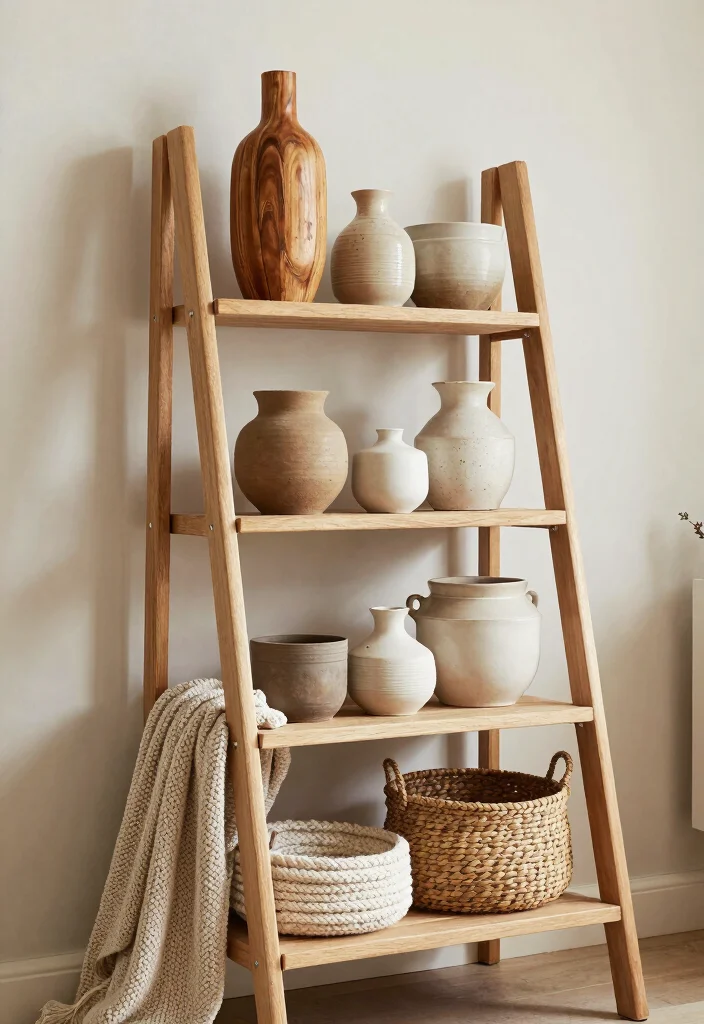 15 Ladder Shelf Decor Living Room Ideas That Feel Effortlessly Styled - 12. Textured Layers 1