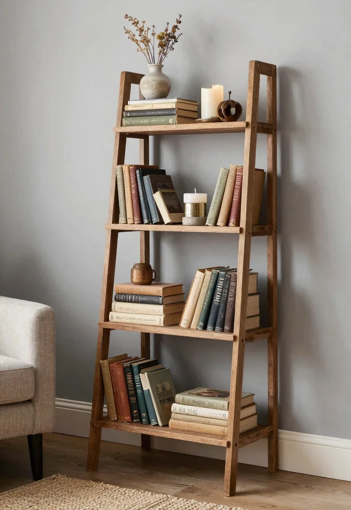 15 Ladder Shelf Decor Living Room Ideas That Feel Effortlessly Styled - 2. Vintage Book Display 1