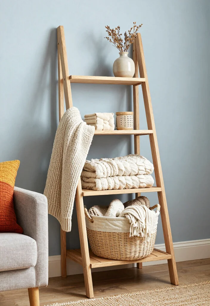 15 Ladder Shelf Decor Living Room Ideas That Feel Effortlessly Styled - 4. Cozy Textiles 1