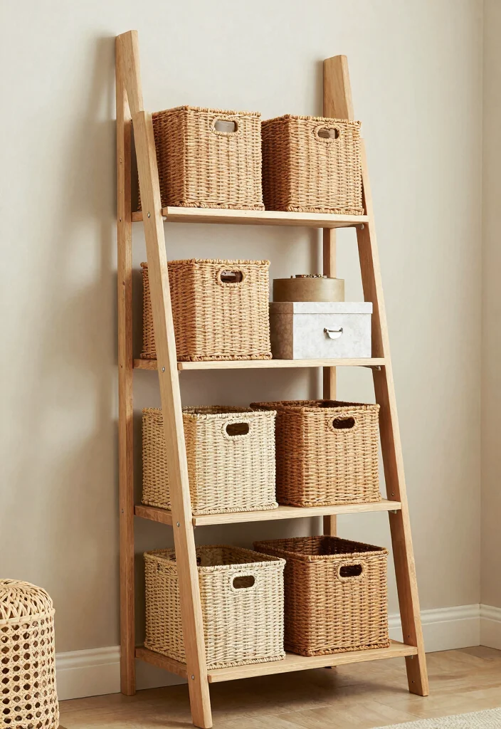 15 Ladder Shelf Decor Living Room Ideas That Feel Effortlessly Styled - 5. Decorative Storage 1