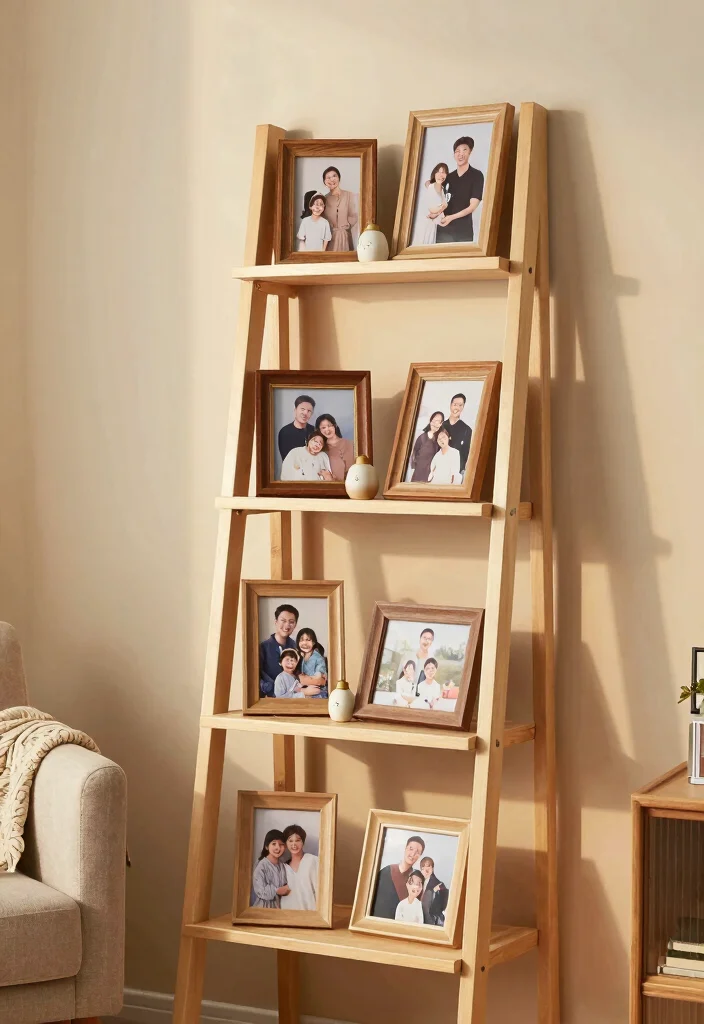 15 Ladder Shelf Decor Living Room Ideas That Feel Effortlessly Styled - 6. Family Photo Gallery 1