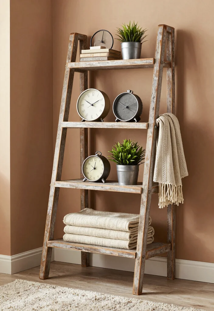 15 Ladder Shelf Decor Living Room Ideas That Feel Effortlessly Styled - 9. Modern Farmhouse Flair 1