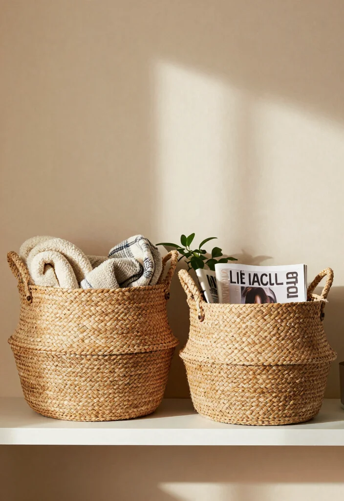 15 Minimalist Shelf Styling Ideas That Feel Clean & Chic 53 15 Minimalist Shelf Styling Ideas That Feel Clean & Chic - 13. Use Vintage Style Baskets 1