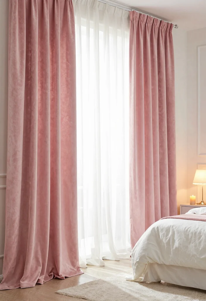 15 Pink Velvet Curtains Ideas That Feel Glam & Luxe - 2. Layered Elegance 1