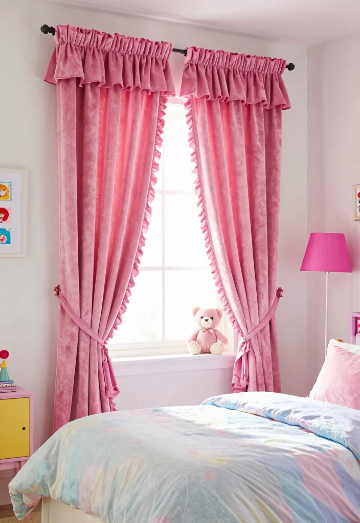 15 Pink Velvet Curtains Ideas That Feel Glam & Luxe - 6. Flirty Ruffles and Drapes 1