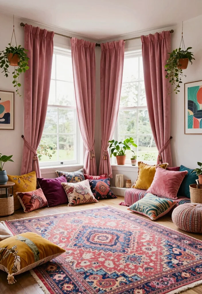 15 Pink Velvet Curtains Ideas That Feel Glam & Luxe - 8. Bohemian Chic 1