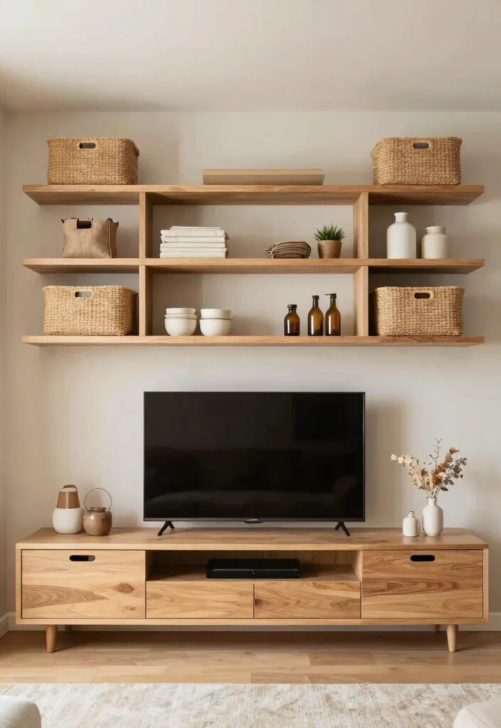 15 TV Shelf 2026 Trending Ideas That Elevate Your Living Room Instantly - 3. Floating Shelves with Storage Bins 1