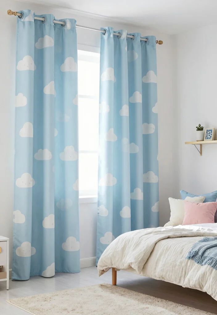 16 Blue Curtains Bedroom Ideas That Feel Calm & Cozy - 10. Sky Blue Patterns 1