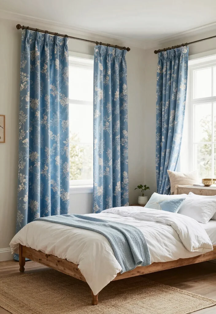 16 Blue Curtains Bedroom Ideas That Feel Calm & Cozy - 13. Cozy Cottage Blue Curtains 1