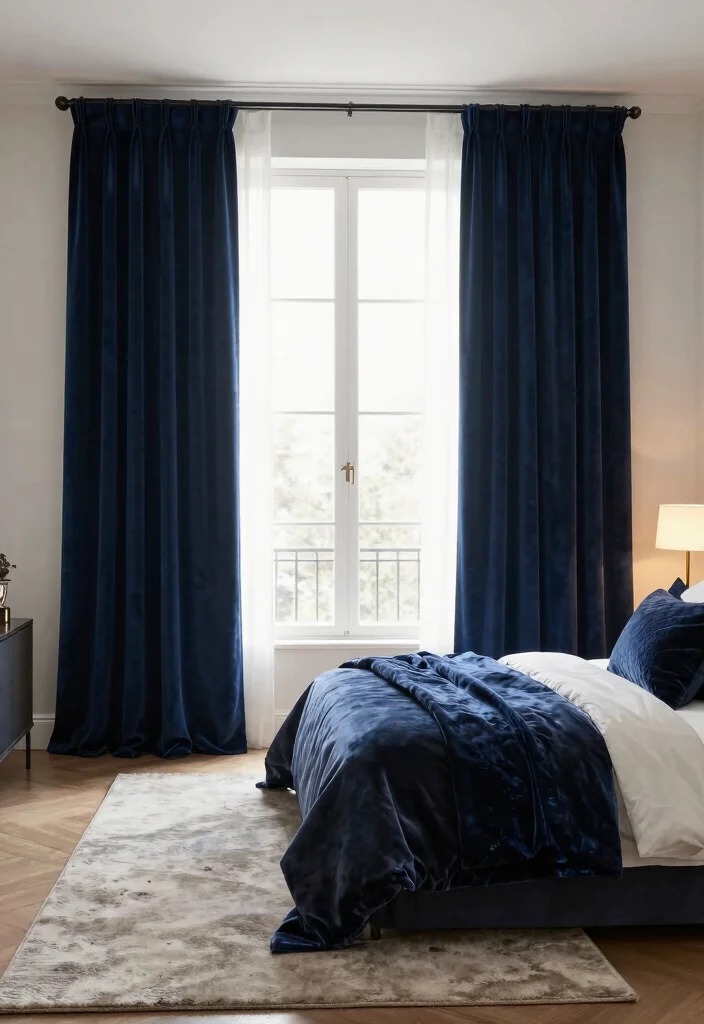 16 Blue Curtains Bedroom Ideas That Feel Calm & Cozy - 2. Navy Blue Velvet Curtains 1