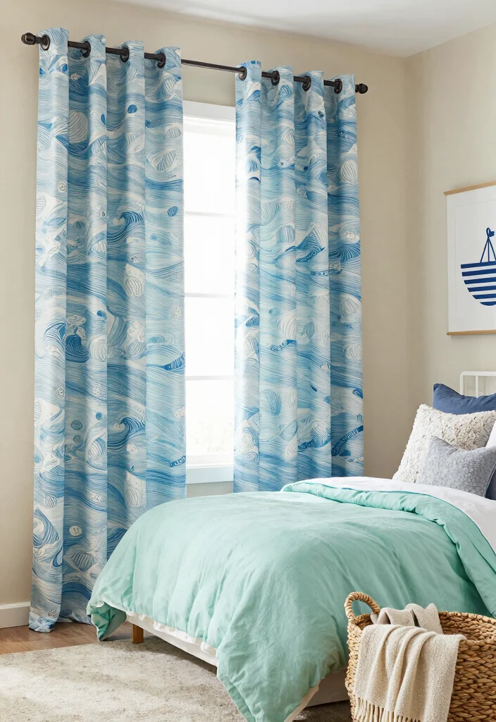 16 Blue Curtains Bedroom Ideas That Feel Calm & Cozy - 3. Ocean-Inspired Patterns 1
