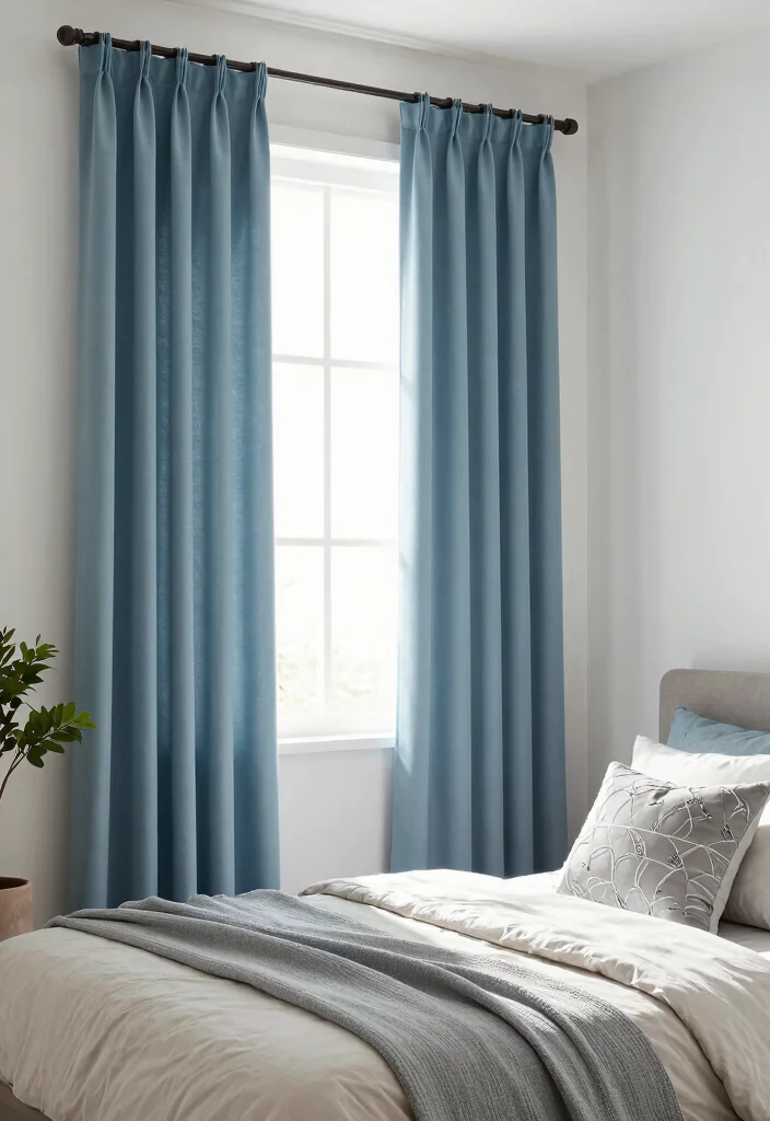 16 Blue Curtains Bedroom Ideas That Feel Calm & Cozy - 5. Calming Dusty Blue Curtains 1
