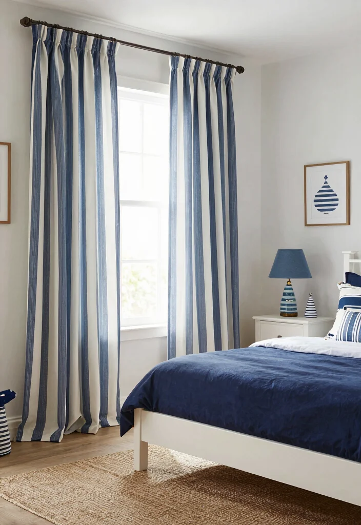16 Blue Curtains Bedroom Ideas That Feel Calm & Cozy - 7. Classic Blue and White Stripes 1
