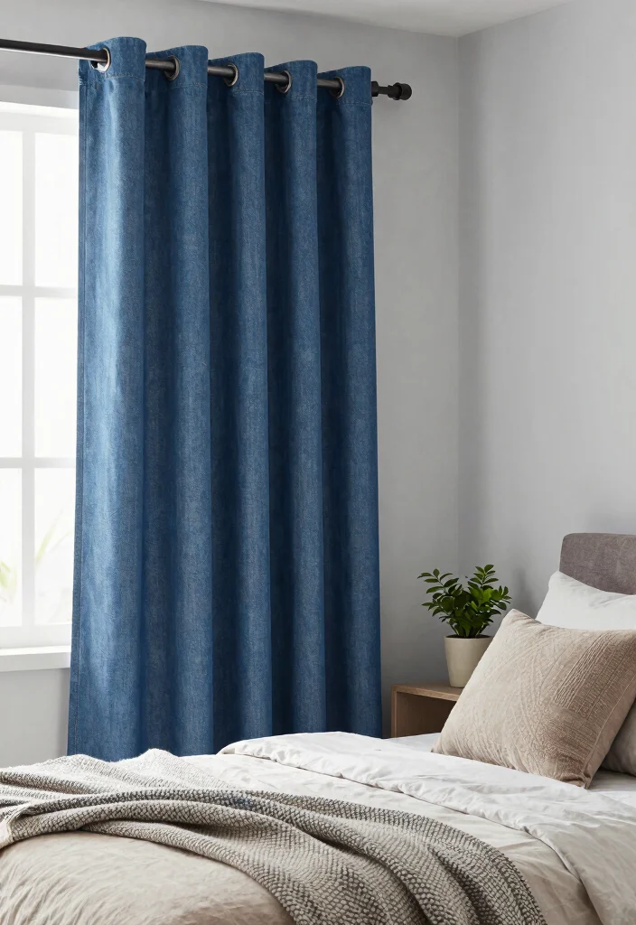 16 Blue Curtains Bedroom Ideas That Feel Calm & Cozy - 9. Denim Look Curtains 1