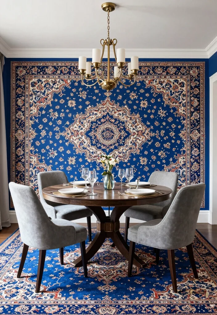 16 Blue Persian Rug Wallpaper Ideas With Luxe Vibes - 10. Dining Room Glamour 1